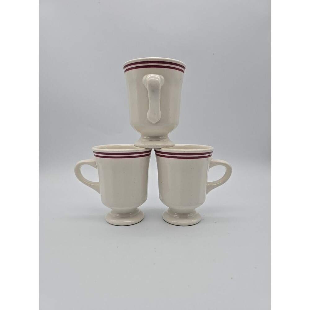 VTG Buffalo China Restaurant Ware Pedestal Coffee Mugs USA Set/3 Red Pin Striped
